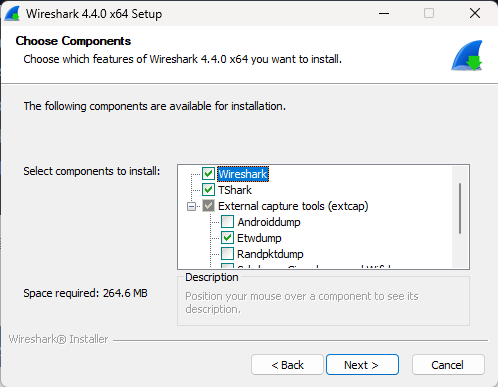 Wireshark 安装组件选择界面截图（Windows）