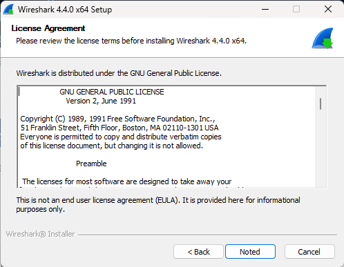 Wireshark 安装向导 EULA 协议页面截图（Windows）
