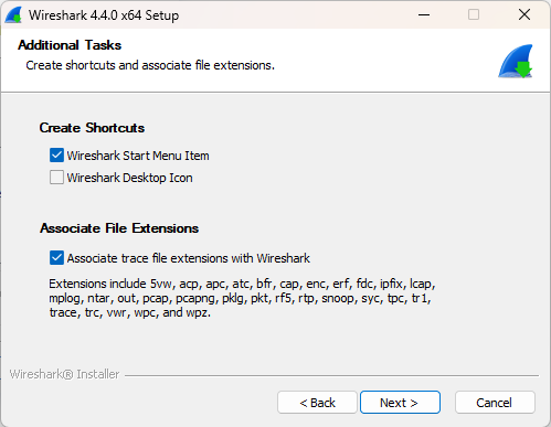 Wireshark 安装附加任务配置界面截图（扩展名关联，Windows）