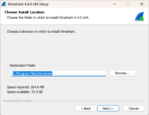 Wireshark 安装目录选择界面截图（Windows）