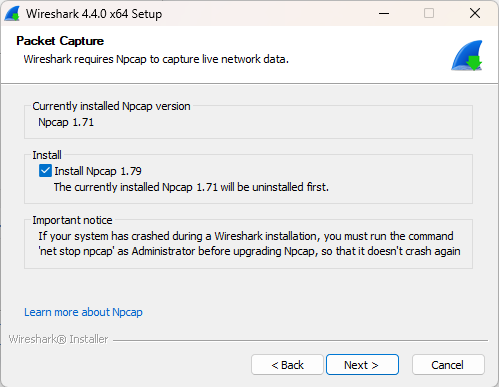 Npcap 安装选项界面截图（Wireshark 安装向导，Windows）