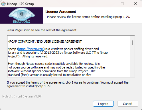 Npcap 安装向导界面截图（保持默认选项，Windows）