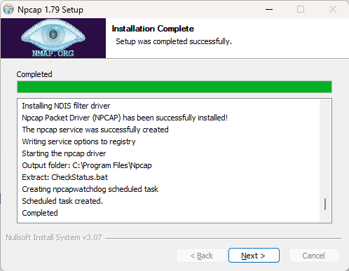 Npcap 安装完成提示界面截图（请完成向导，Windows）