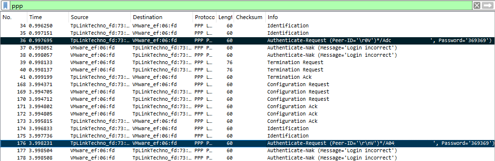 Wireshark 抓取 PPPoE 认证信息截图(显示账号与密码字段)