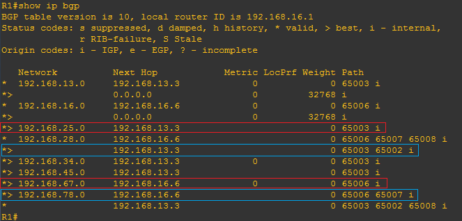 R1 的 BGP 数据库命令输出截图