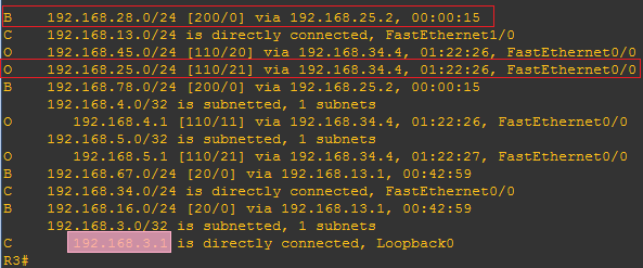 R3 的 路由表截图(到达 R2-R8 子网的下一跳与来源)
