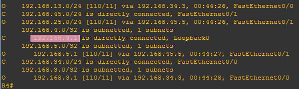 R4 的 路由表截图(未启用同步导致缺少外部路由)