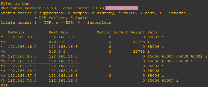 R1 的 BGP 数据库截图(水平分裂影响通告)