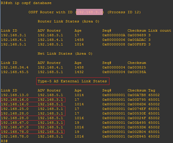 R3 的 OSPF 数据库截图(从 BGP 重分发的外部链路)