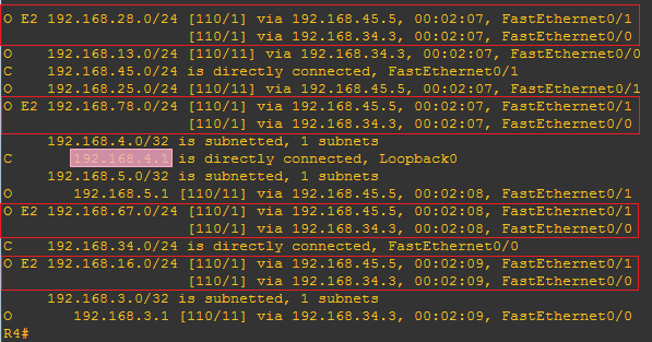 R4 的 路由表截图(出现 AS 外部路由信息)