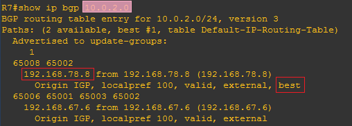 R7 的 BGP 数据库截图(过滤前,PC3 子网最佳路由)