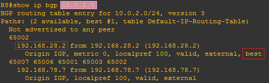 R8 的 BGP 数据库截图(过滤后 PC3 子网不再通告)