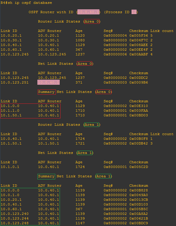 R4区域边界路由器OSPF数据库截图