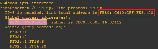 R6 的 IPv6 接口信息截图（f0/1）