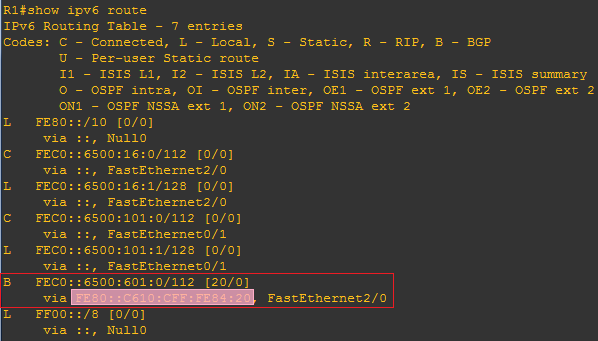 R1 的 IPv6 路由表示例(标注 BGP 路由项)