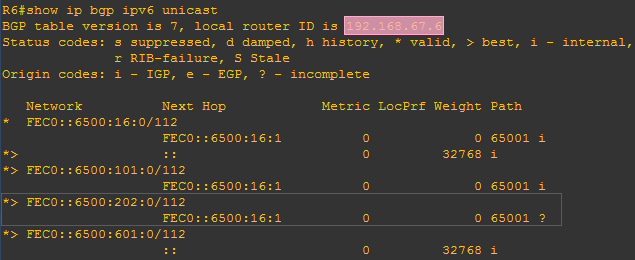 R6 的 BGP 数据库截图(出现 R2 IPv6 网络的路由)