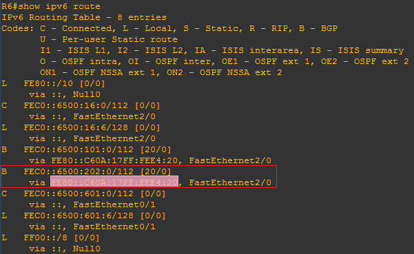 R6 的 IPv6 路由表截图(含 R2 IPv6 网络条目)
